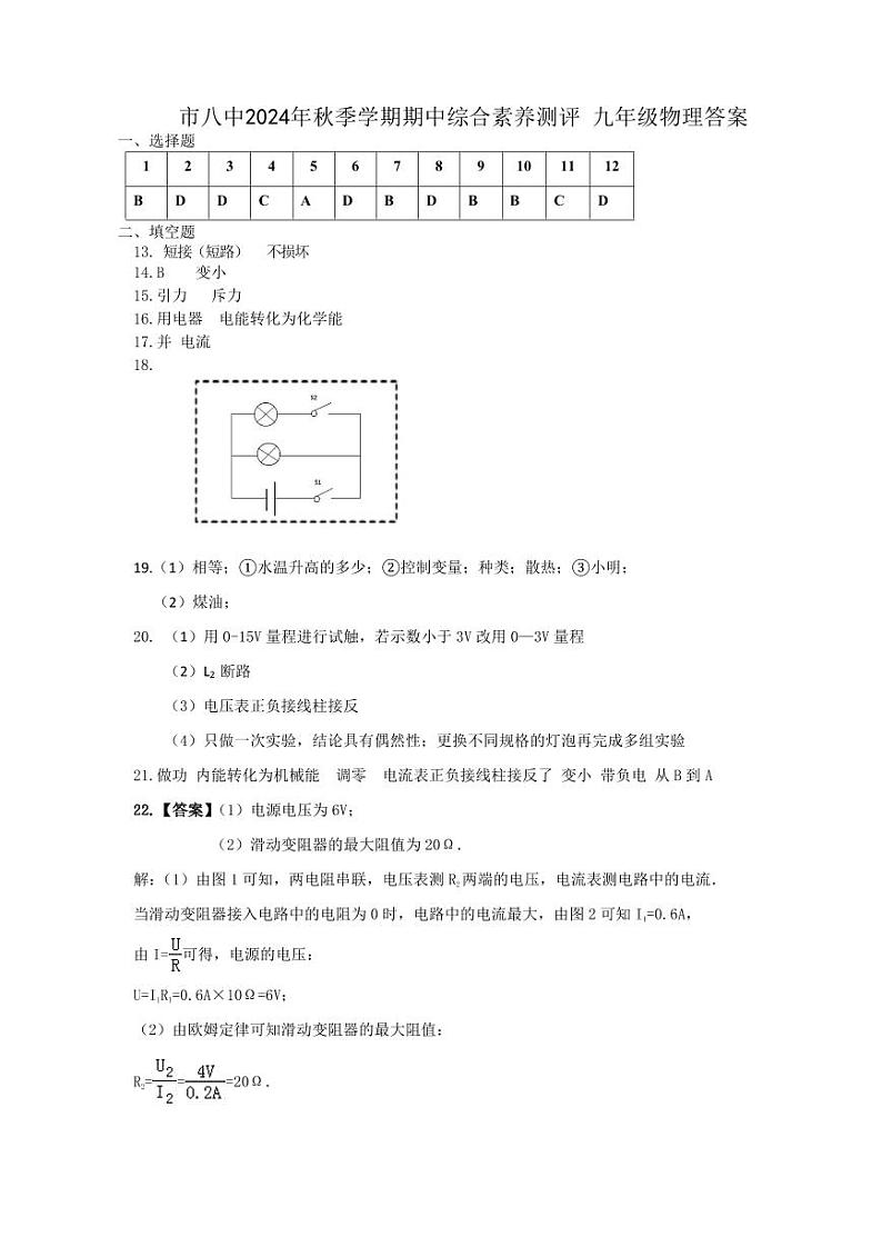 2024年11月九年级物理期中评分细则第1页