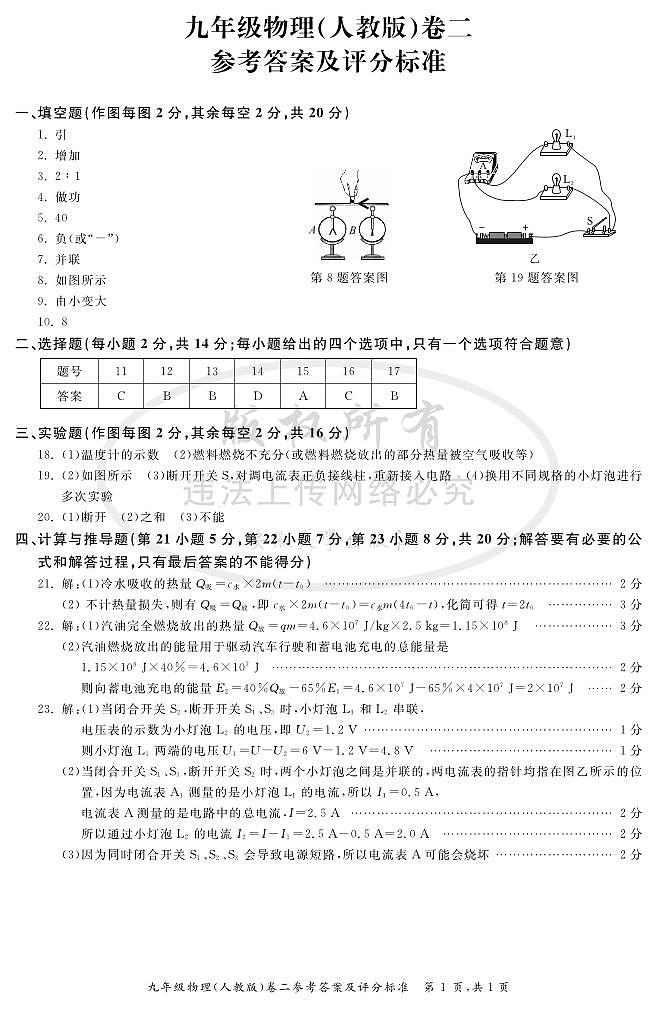 九年级物理(人教版)卷二参考答案及评分标准第1页