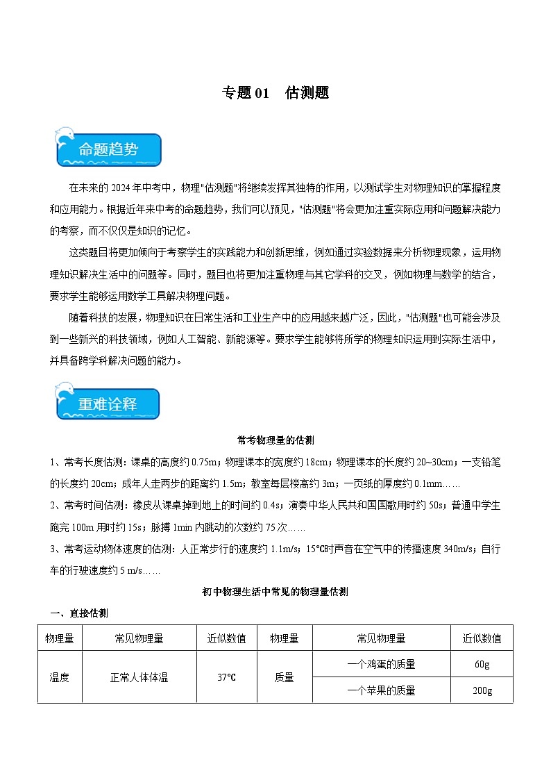 2025年中考物理二轮培优重点练习专题01 估测题(解析版)01