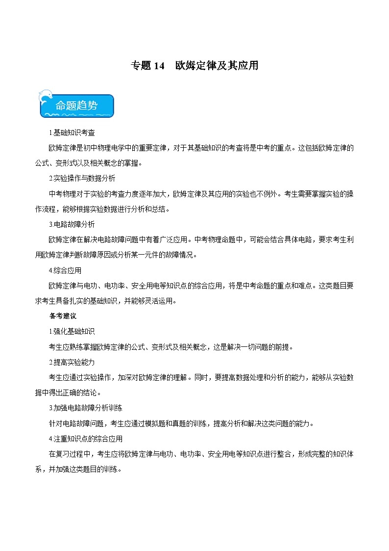 2025年中考物理二轮培优重点练习专题14 欧姆定律及其应用(解析版)01