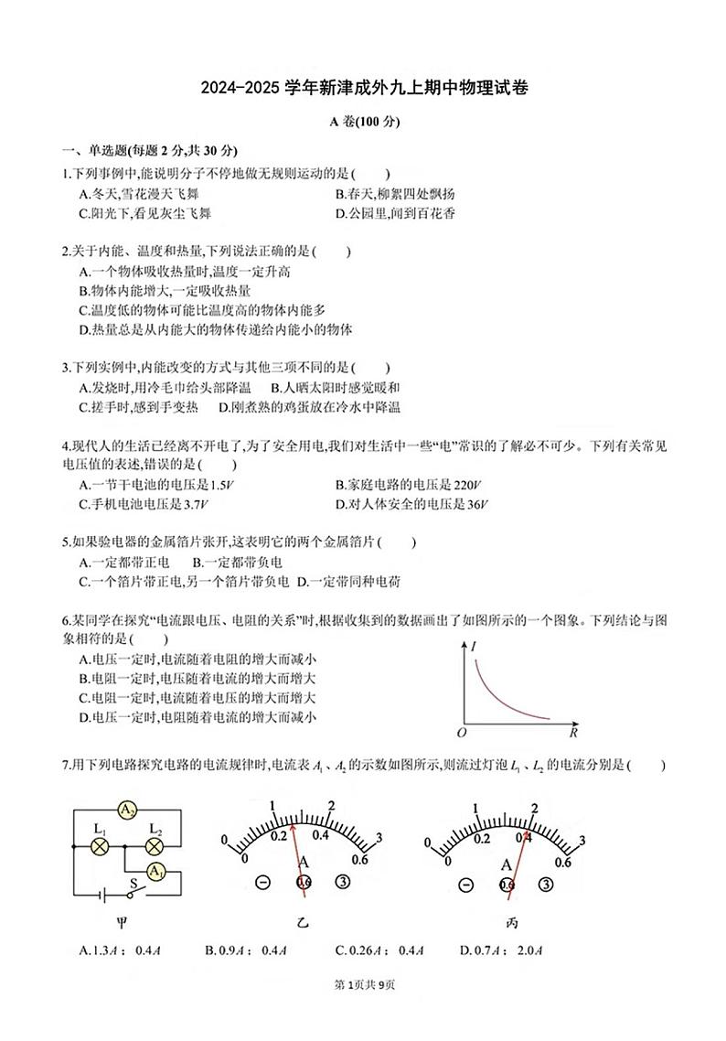 四川省成都市新津区成外学校2024-2025学年九年级上学期期中物理试题第1页