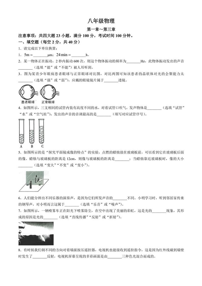 安徽省芜湖市无为市2024~2025学年八年级(上)期中物理试卷(含答案)第1页