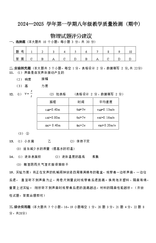八年级物理答案第1页