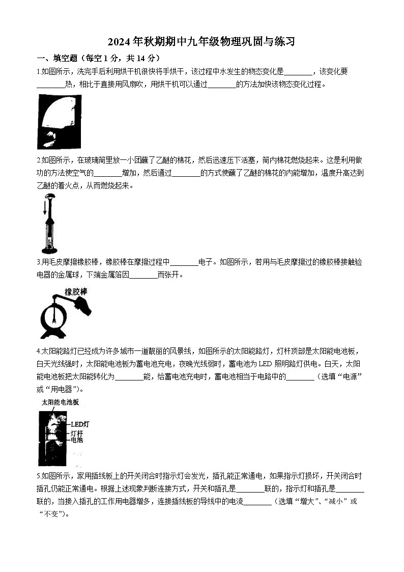 河南省南阳市内乡县2024-2025学年九年级上学期11月期中物理试题(无答案)第1页