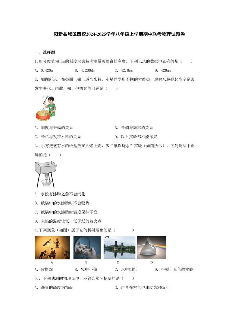 湖北省阳新县城区四校2024~2025学年八年级(上)期中联考物理试卷卷(含答案)01