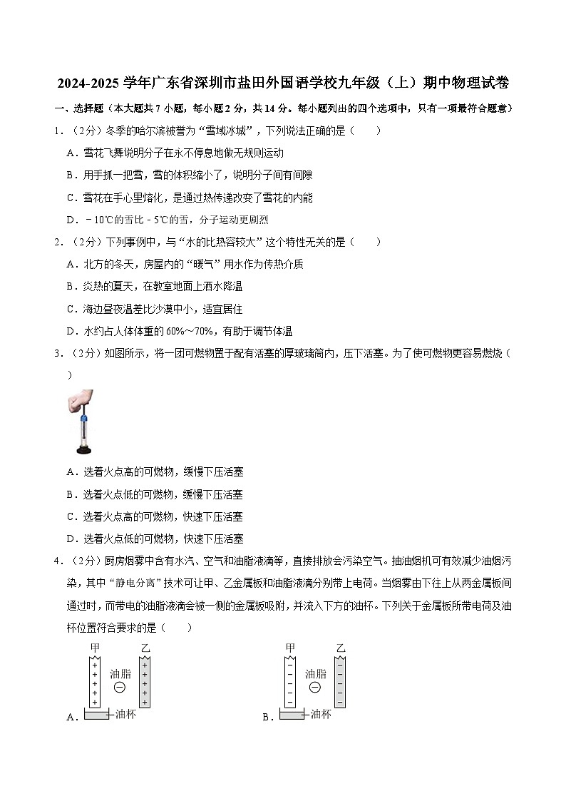 广东省深圳市盐田外国语学校2024-2025学年九年级上学期期中物理试卷第1页