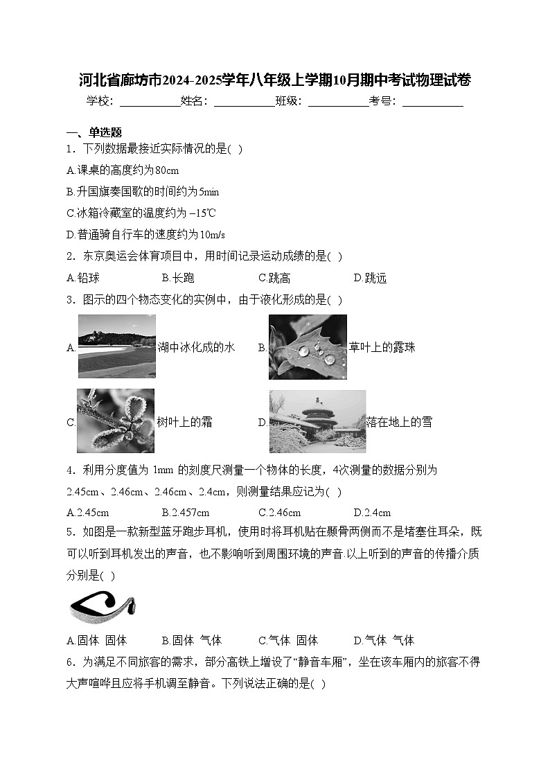 河北省廊坊市2024-2025学年八年级上学期10月期中考试物理试卷(含答案)第1页