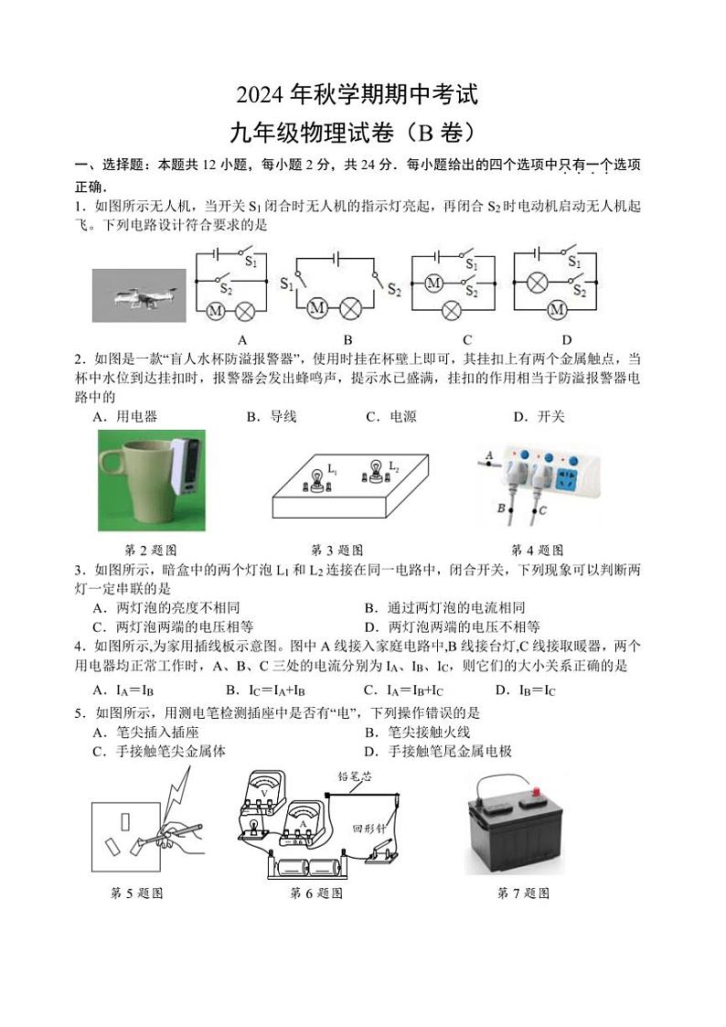 江苏省盐城市射阳县实验初级中学2024~2025学年九年级(上)期中物理B卷试卷(含答案)01