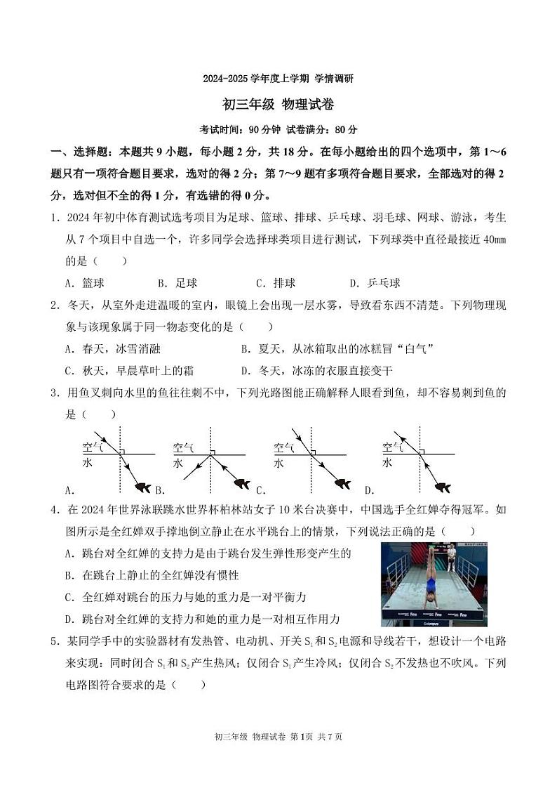 辽宁省沈阳市浑南区东北育才学校2024-2025学年九年级上学期11月月考物理试题01