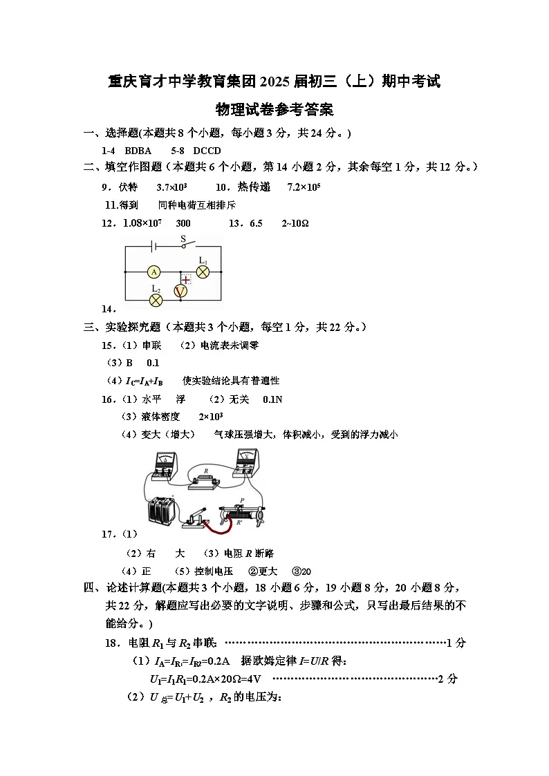 重庆育才中学教育集团初2025届初三(上)期中考试物理参考答案第1页