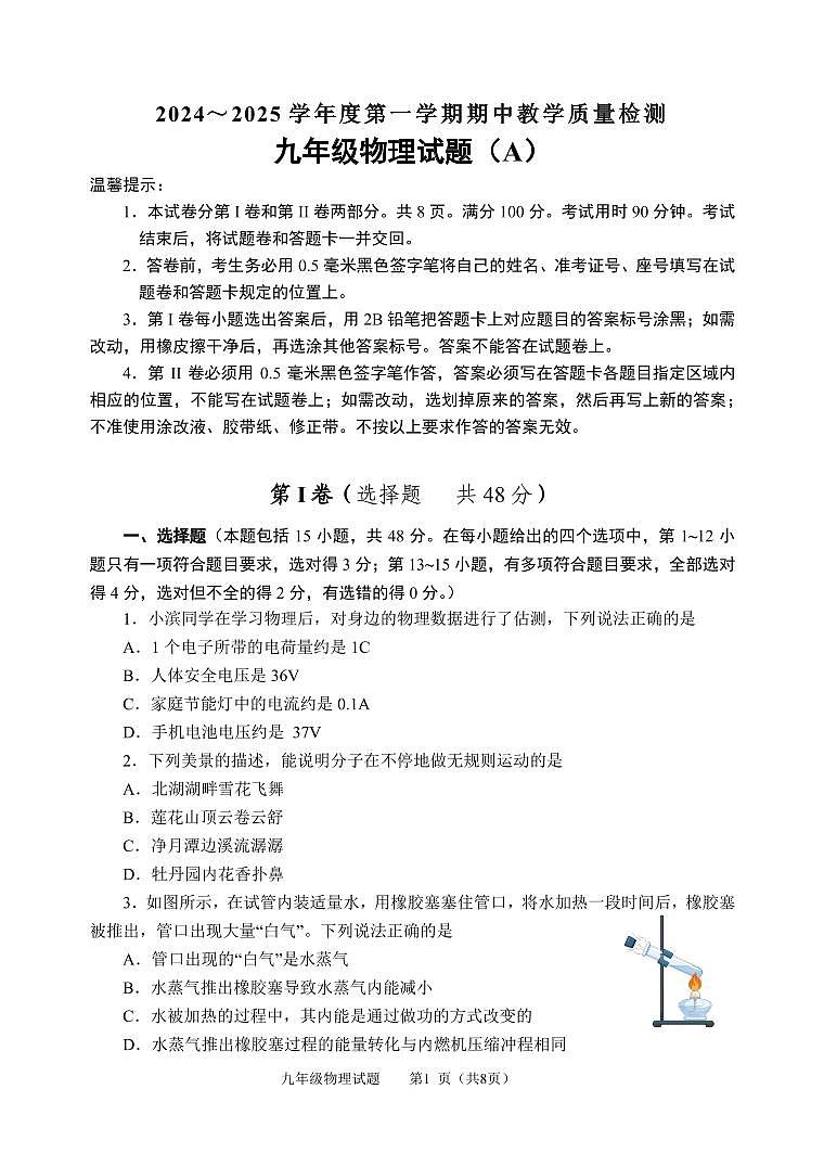 山东省滨州市滨城区2024-2025学年九年级上学期期中考试物理试题01