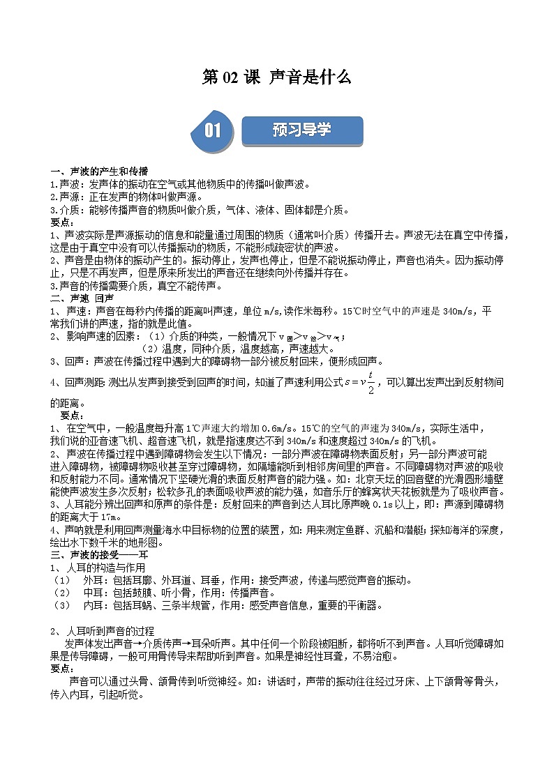 苏科版八年级物理上册同步学与练第02课声音是什么(原卷版+解析)01