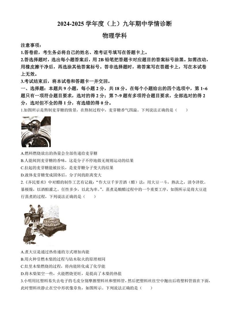 辽宁省沈阳市大东区2024~2025学年九年级(上)期中学情诊断物理学科试卷(含答案)第1页