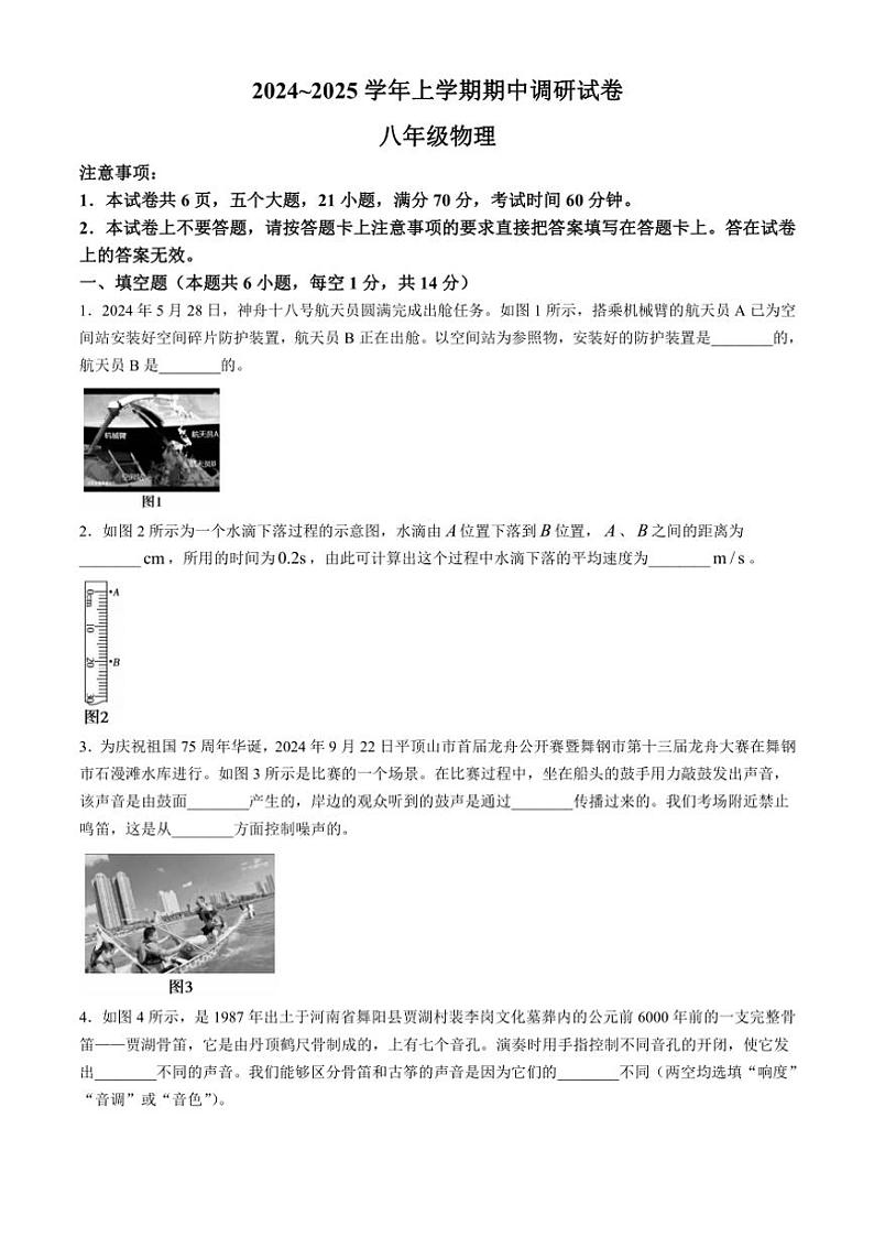 河南省平顶山市舞钢市2024~2025学年八年级(上)期中调研物理试卷(含答案)第1页
