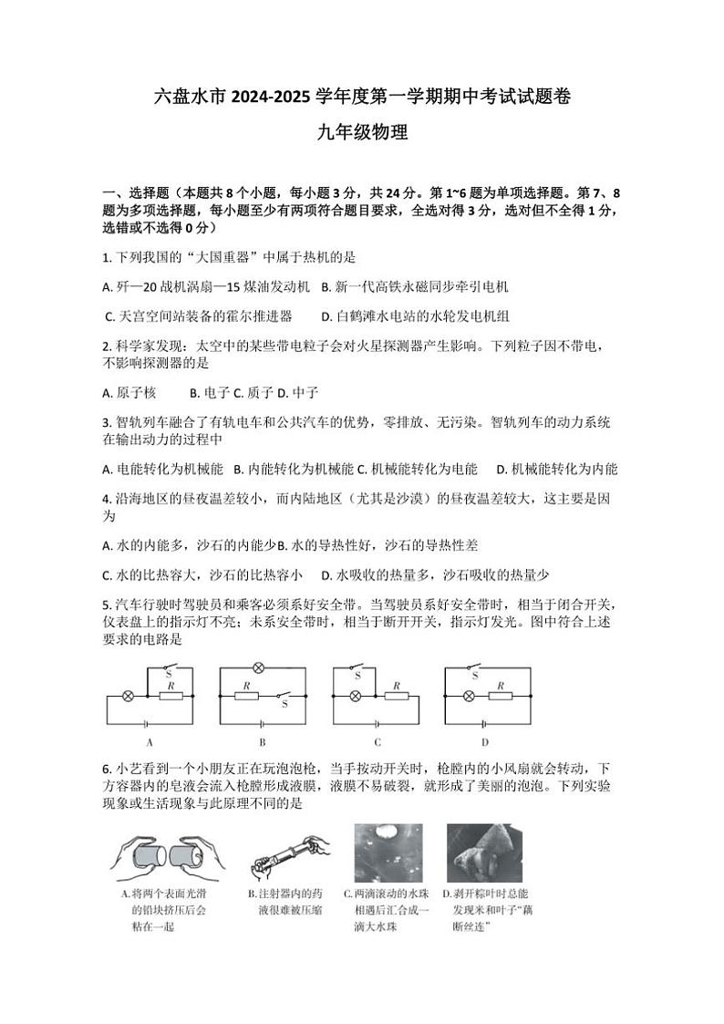 贵州省六盘水市2024~2025学年九年级(上)期中物理试卷(含答案)第1页