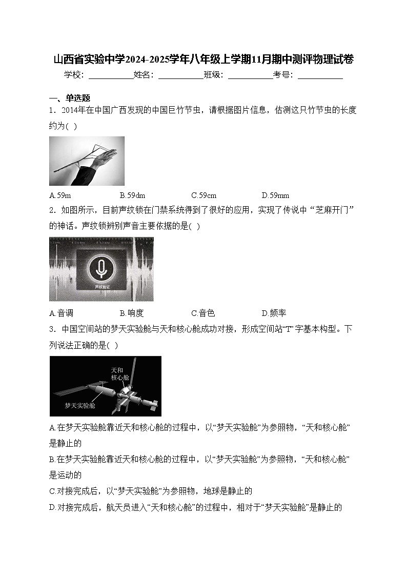 山西省实验中学2024-2025学年八年级上学期11月期中测评物理试卷(含答案)第1页