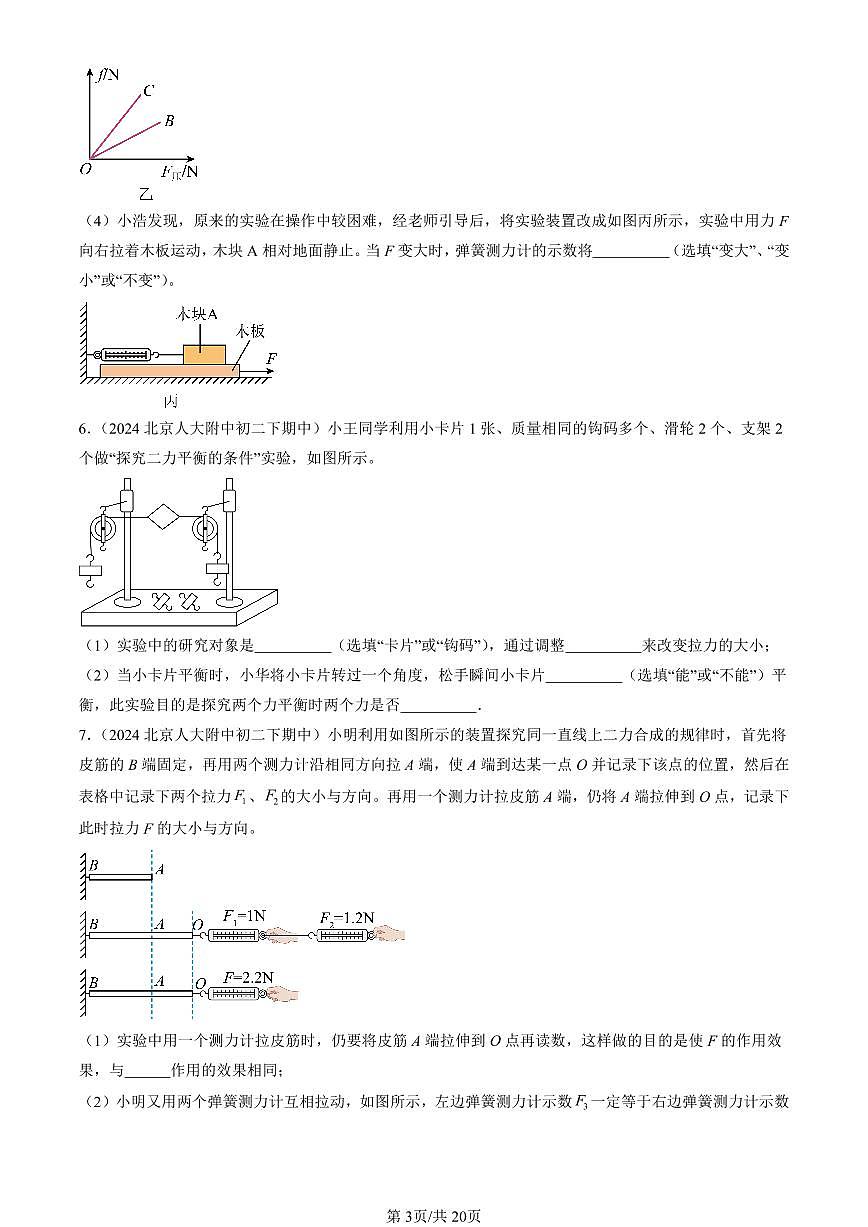 2024北京重點(diǎn)校初二（下）期中真題物理匯編：運(yùn)動(dòng)和力章節(jié)綜合（京改版）（實(shí)驗(yàn)題）2第3頁