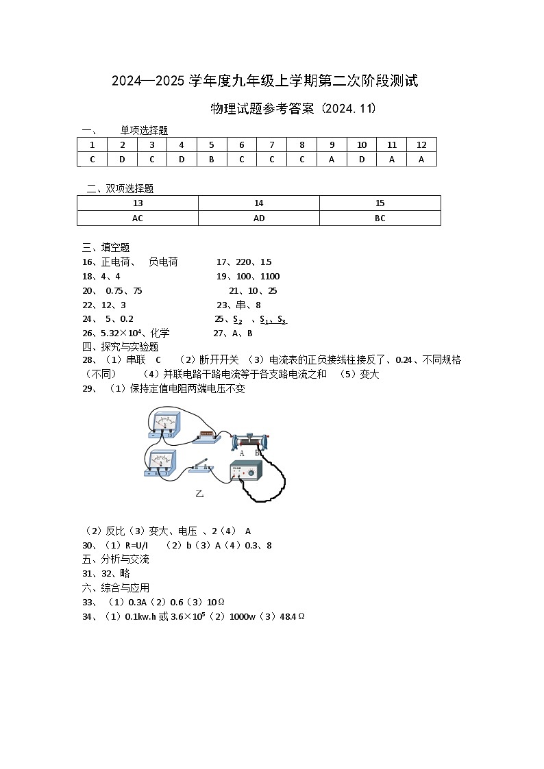 九年级物理试题答案第1页