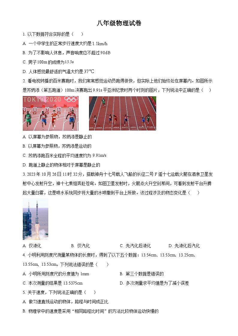 湖北省武汉市武昌区部分学校2024-2025学年八年级上学期期中物理试题(原卷版)-A4第1页