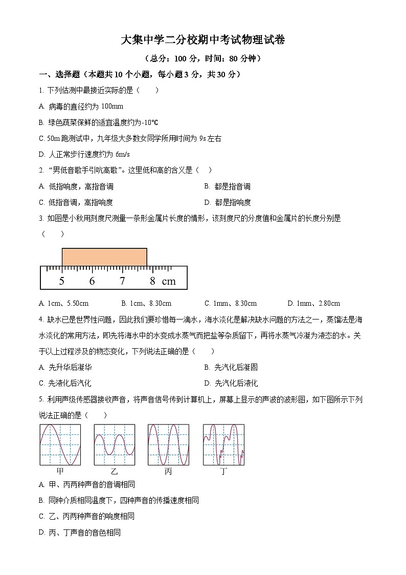 湖北省咸宁市崇阳县大集中学2024-2025学年八年级上学期期中考试物理试题(原卷版)-A4第1页