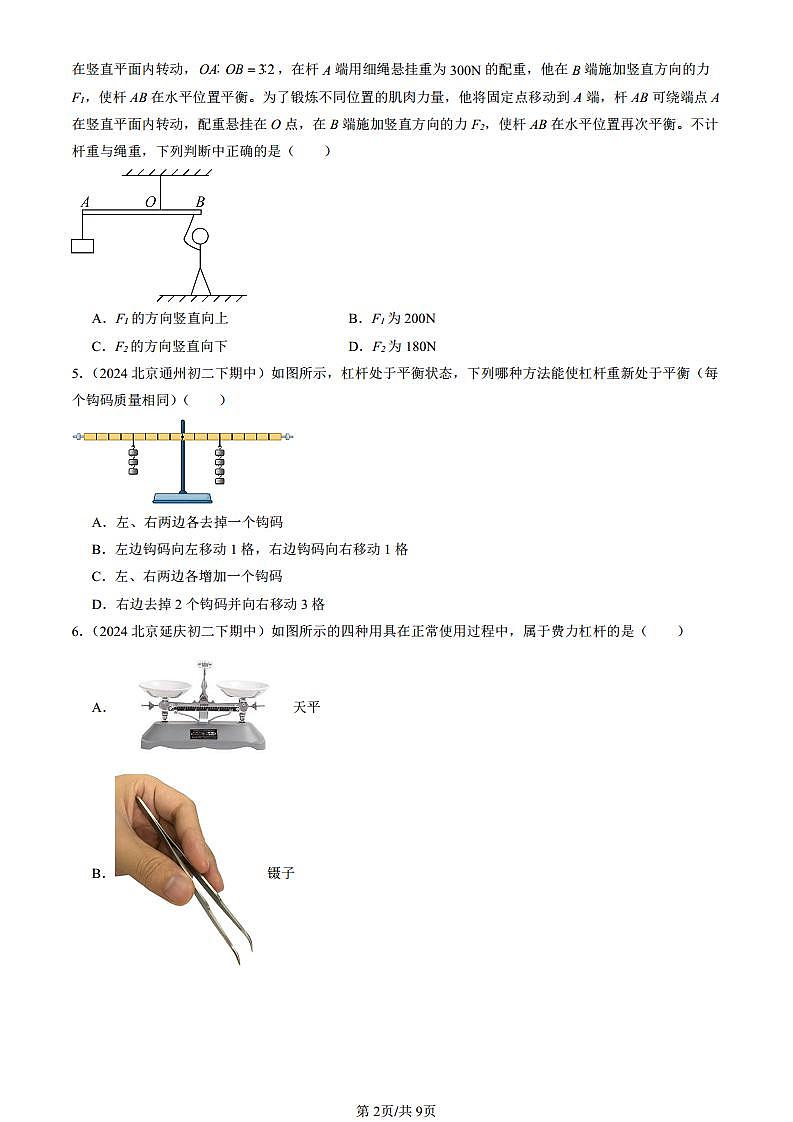 2024北京重点校初二(下)期中真题物理汇编:学生实验:探究杠杆(京改版)第2页