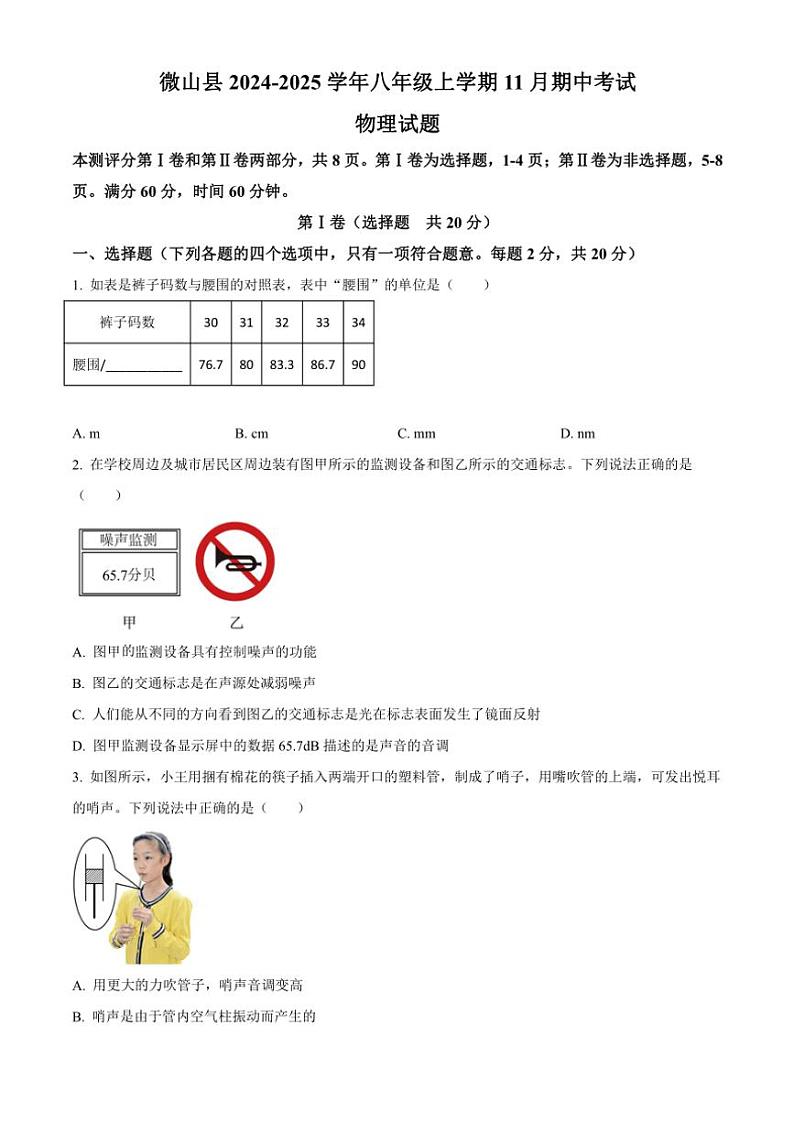 2024~2025学年山东省济宁市微山县八年级(上)期中物理试卷(含答案)第1页