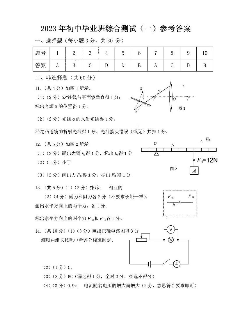 2023年广州市从化区中考一模物理试题答案第1页