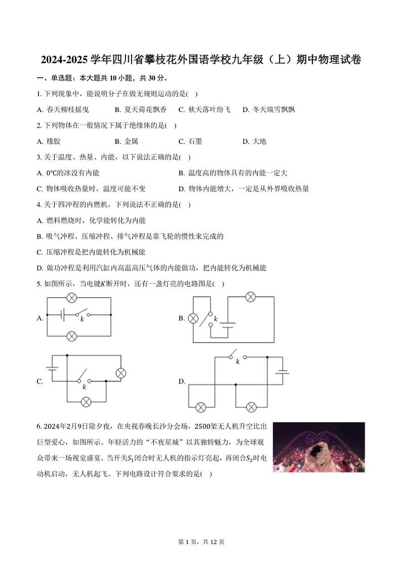 2024~2025学年四川省攀枝花外国语学校九年级(上)期中物理试卷(含答案)第1页