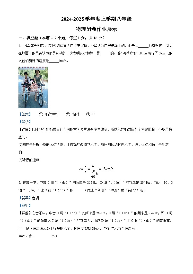 河南省漯河市郾城区第二初级实验中学2024-2025学年八年级上学期10月月考物理试题(解析版)-A4第1页