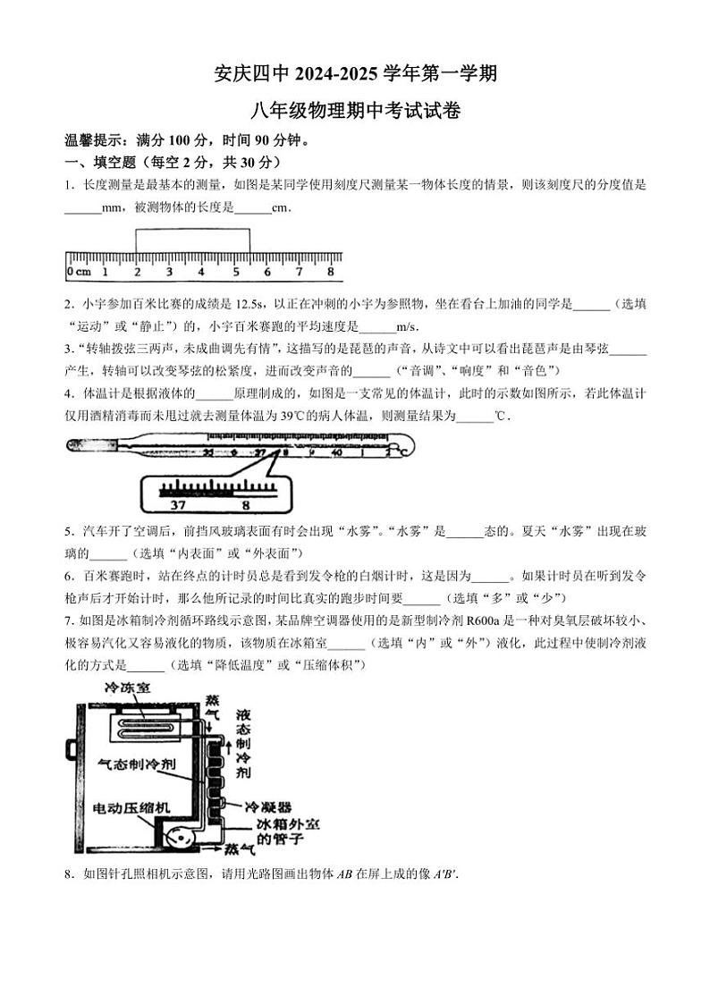 安徽省安庆四中2024~2025学年八年级(上)期中物理试卷(无答案)第1页