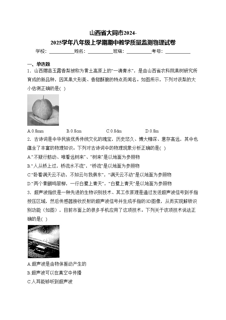 山西省大同市2024-2025学年八年级上学期期中教学质量监测物理试卷(含答案)第1页