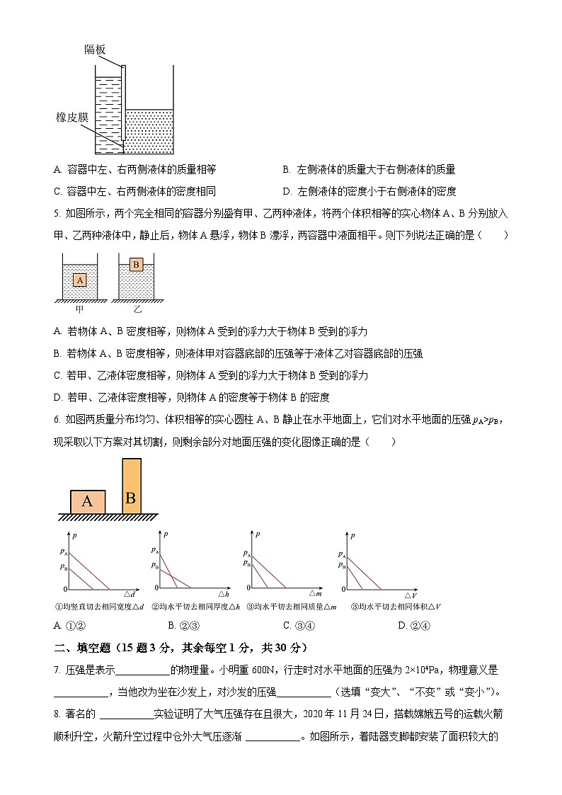 上海市闵行区莘松中学2024-2025学年九年级上学期9月月考物理试卷(原卷版)-A4第2页