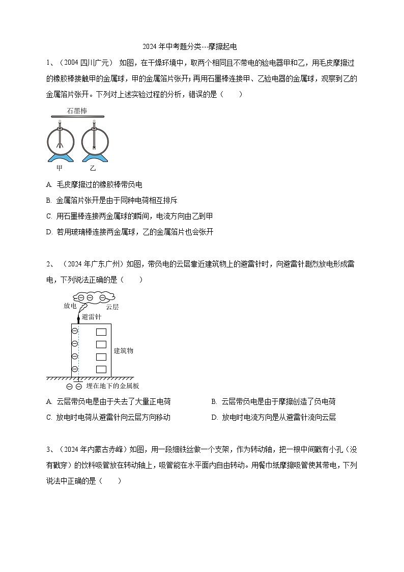 2024年中考物理分類匯編---摩擦起電 第1頁