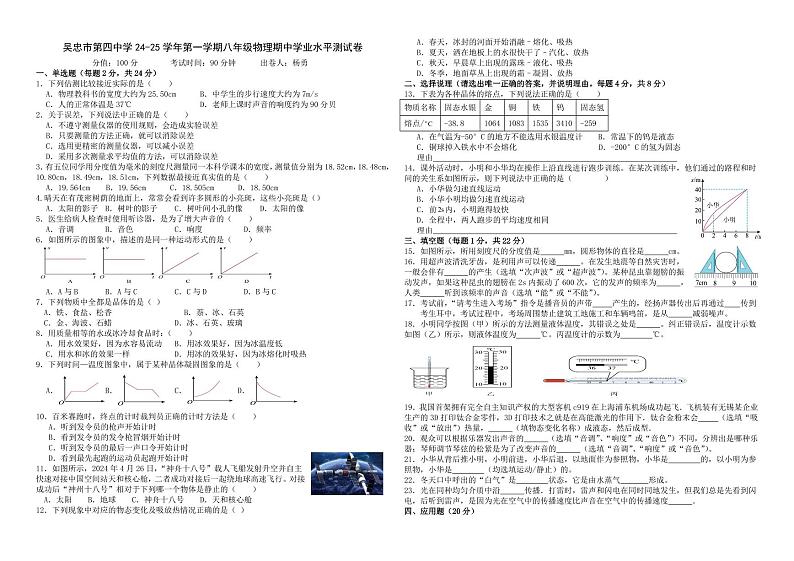 宁夏吴忠市第四中学2024-2025学年上学期八年级物理期中试卷第1页