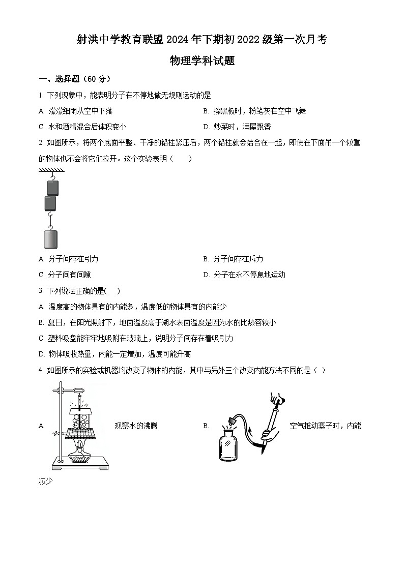 四川省遂宁市射洪中学校2024-2025学年九年级上学期10月月考物理试题(原卷版)-A4第1页