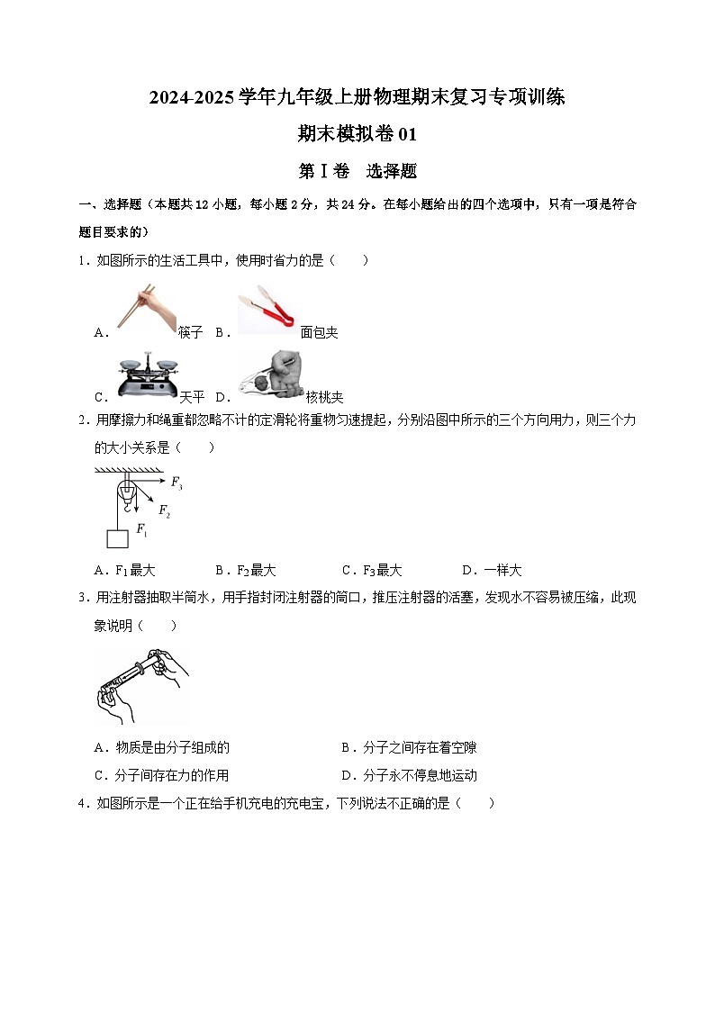 期末模拟卷01-2024-2025学年九年级上册物理期末复习专项训练(苏科版)第1页