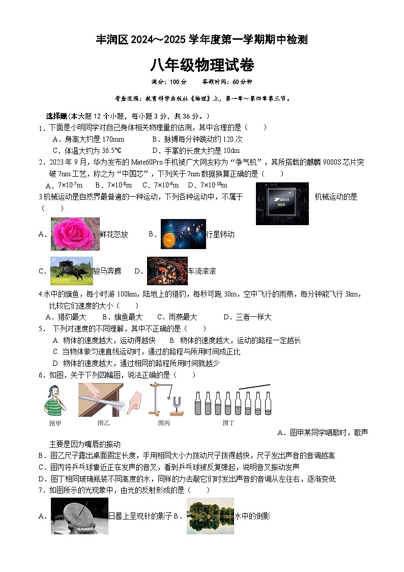 河北省唐山市丰润区2024-2025学年八年级上学期期中考试物理试题-A4第1页