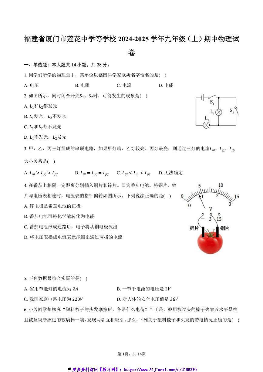 2024～2025學(xué)年福建省廈門市蓮花中學(xué)九年級(上)期中物理試卷(含答案)第1頁