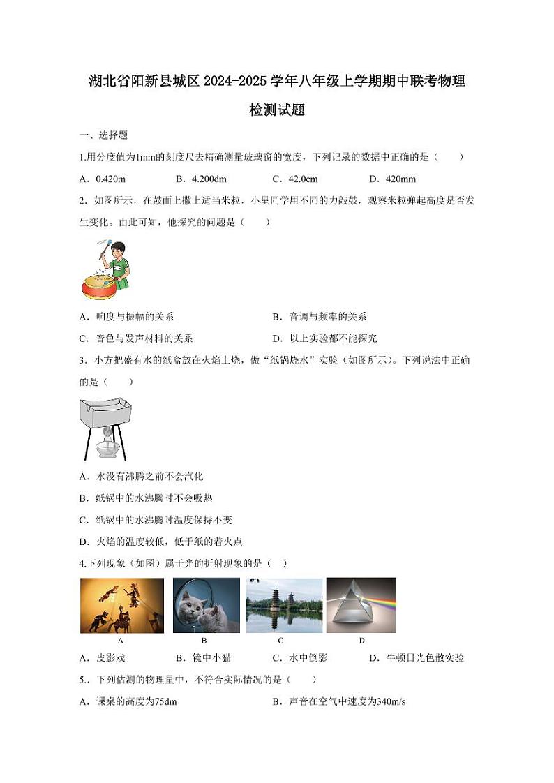 湖北省阳新县城区2024-2025学年八年级上学期期中联考物理检测试题(含答案)第1页