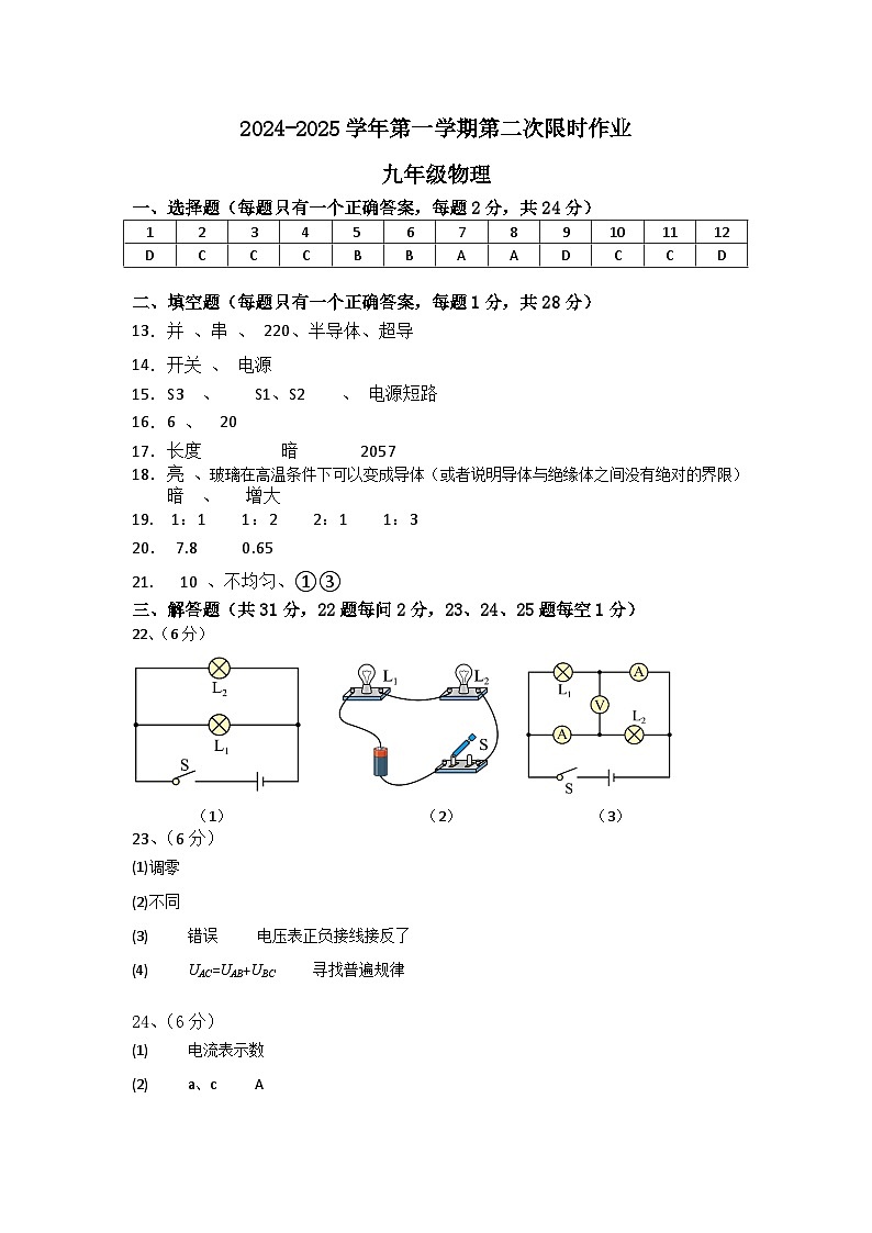2024年九年级物理答案第1页