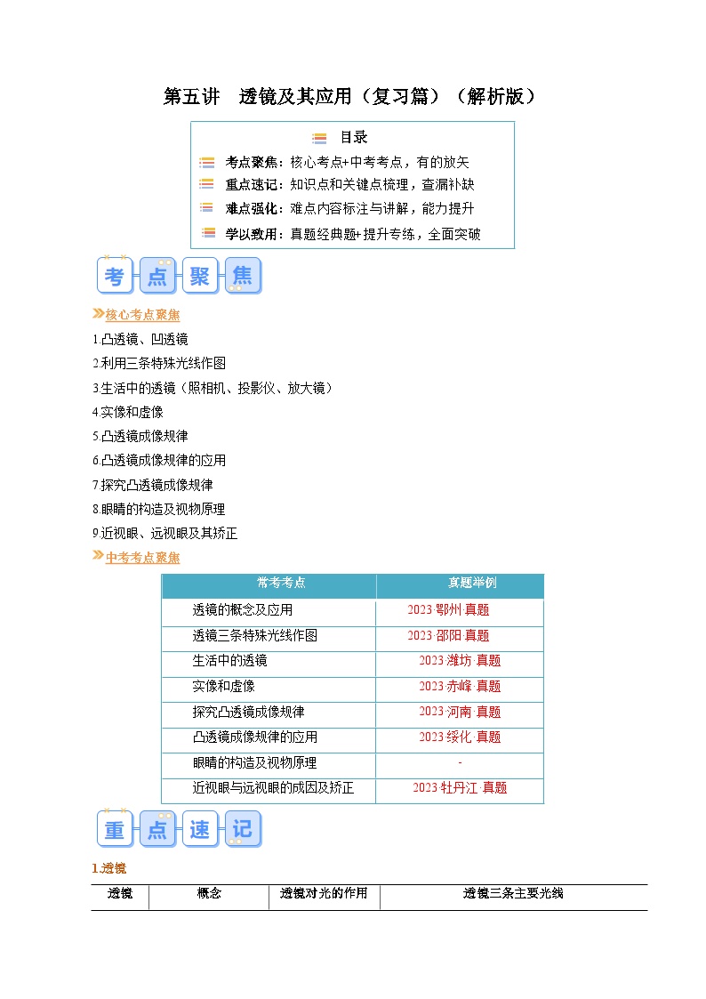 【寒假提升训练】人教版 初中物理 八年级上册 专题提升训练 第五讲  透镜及其应用（教师卷+学生卷）