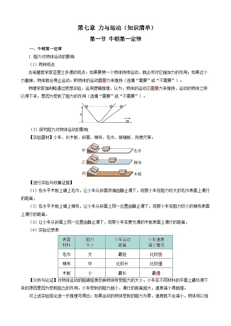 第七章 力与运动(知识清单)【教师版】第1页