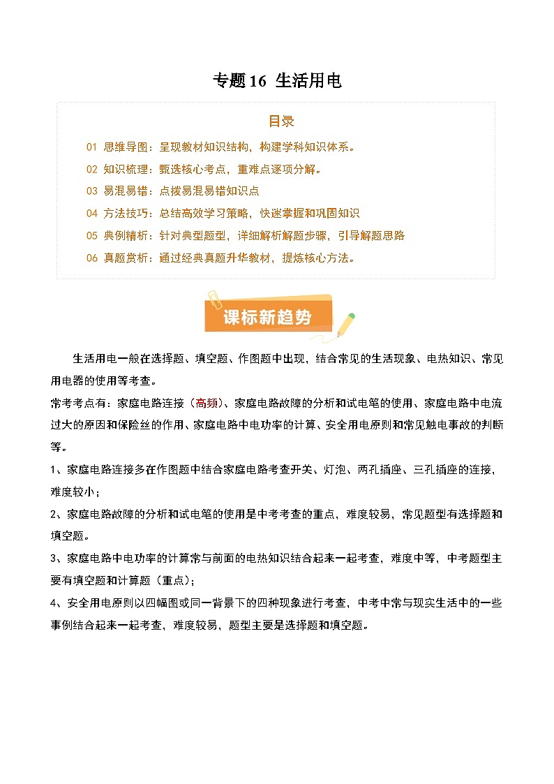 专题16 生活用电(3大模块清单 5个易错 4种技巧 典例精析)-2025年中考物理一轮复习知识清单(原卷版)第1页