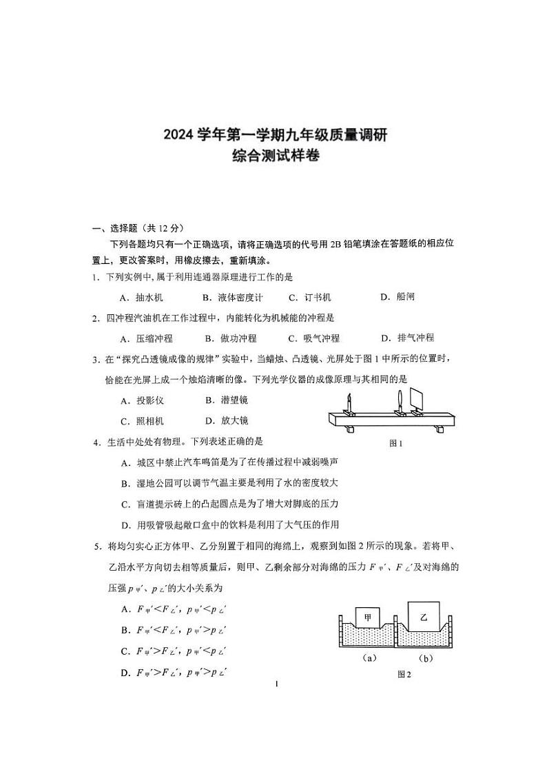 上海市嘉定区2024-2025学年九年级上学期质量调研(中考一模)物理试卷第1页