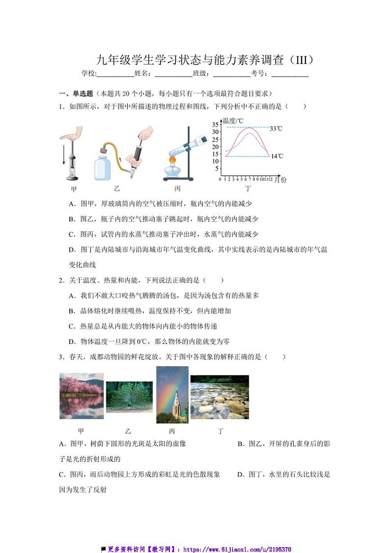 2024~2025学年四川省绵阳市东辰教育集团九年级上1月学习状态与能力素养调查(III)物理试卷(含答案)第1页