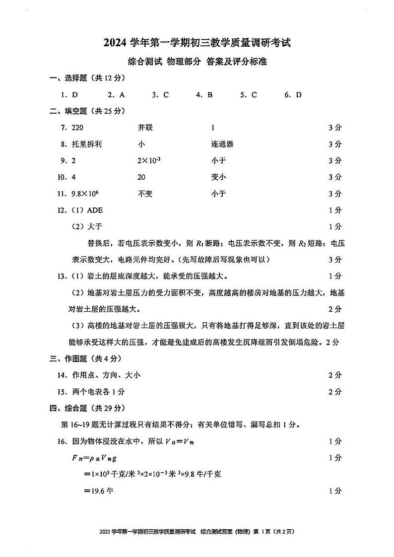 2025年上海市长宁区初三 中考一模 物理试卷(参考答案)第1页
