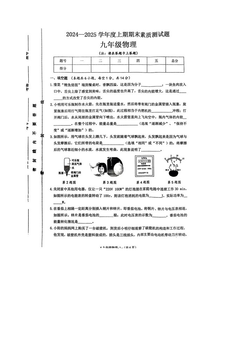 河南省驻马店市泌阳县2024-2025学年九年级上学期期末物理试题第1页