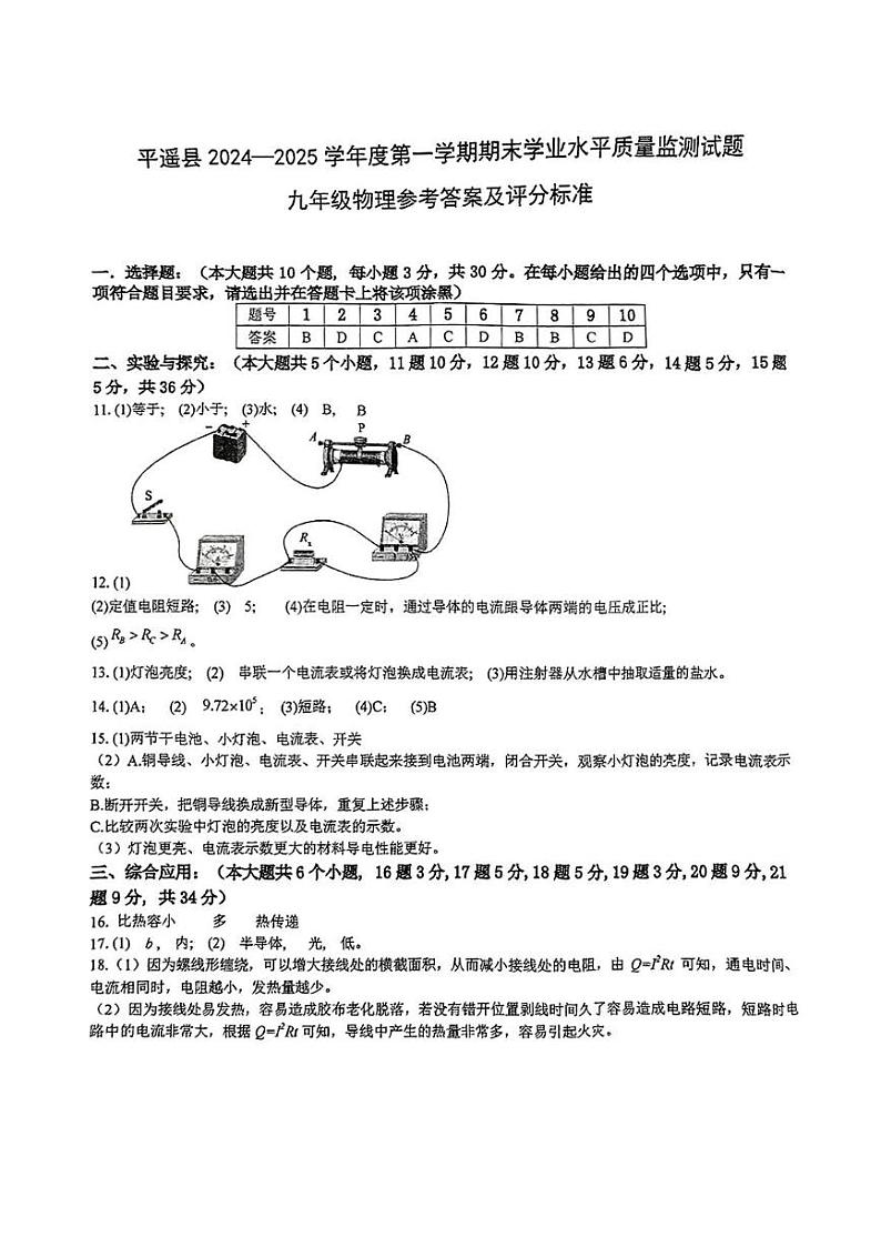 山西省晋中市平遥县2024-2025学年第一下学期期末九年级物理试卷 九年级物理参考答案及评分标准第1页