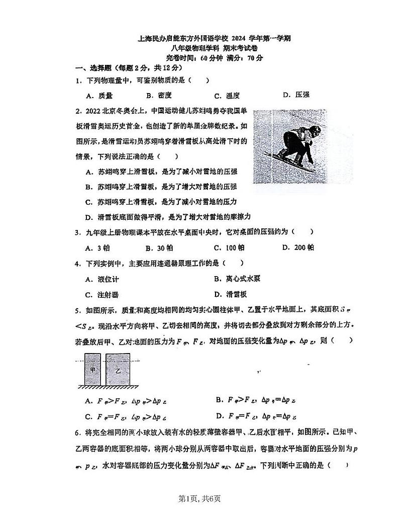 上海市民办启能东方外国语学校2024-2025学年八年级上学期物理期末考试第1页