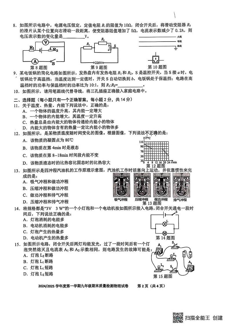 安徽省合肥市蜀山区2024--2025学年上学期九年级期末质量检测物理试题卷第2页